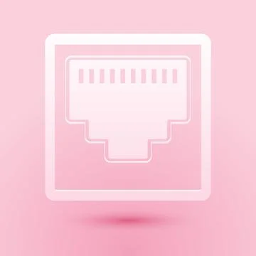 Paper cut Network port - cable socket icon isolated on pink background. LAN port Stock Illustration