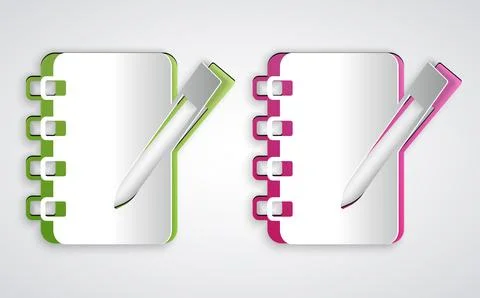 Paper cut Notebook icon isolated on grey background. Spiral notepad icon. S.. Stock Illustration