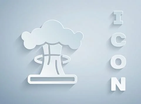 Paper cut Nuclear explosion icon isolated on grey background. Atomic bomb Ilustración de archivo