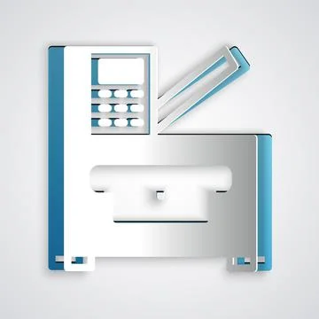Paper cut Office multifunction printer copy machine icon isolated on grey Stock Illustration