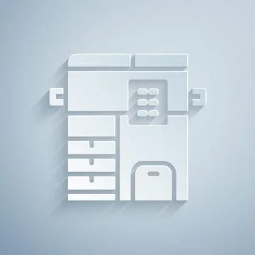 Paper cut Office multifunction printer copy machine icon isolated on grey b.. Stock Illustration