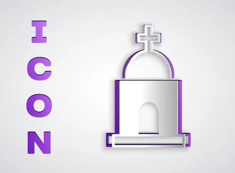 Paper cut Old crypt icon isolated on grey background. Cemetery symbol. Ossuary Ilustración de archivo