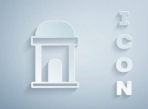 Paper cut Old crypt icon isolated on grey background. Cemetery symbol. Ossuary Ilustración de archivo