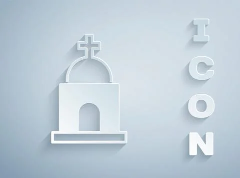 Paper cut Old crypt icon isolated on grey background. Cemetery symbol. Ossuary Ilustración de archivo