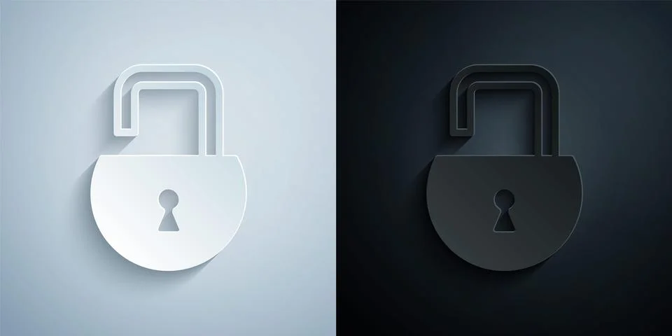 Paper cut Open padlock icon isolated on grey and black background. Opened lock Illustrazione stock