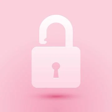 Paper cut Open padlock icon isolated on pink background. Opened lock sign. Cyber Stock Illustration