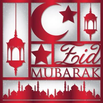 Paper cut out "Eid Mubarak" (Blessed Eid) card in vector format. Stock Illustration