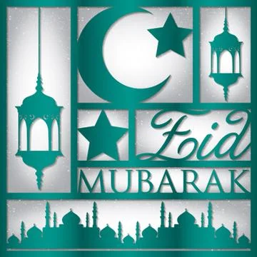 Paper cut out "Eid Mubarak" (Blessed Eid) card in vector format. Stock Illustration