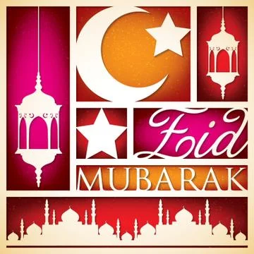 Paper cut out "Eid Mubarak" (Blessed Eid) card in vector format. Stock Illustration