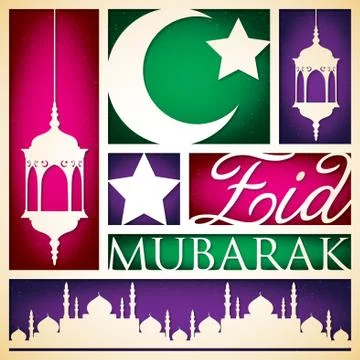 Paper cut out "Eid Mubarak" (Blessed Eid) card in vector format. Stock Illustration