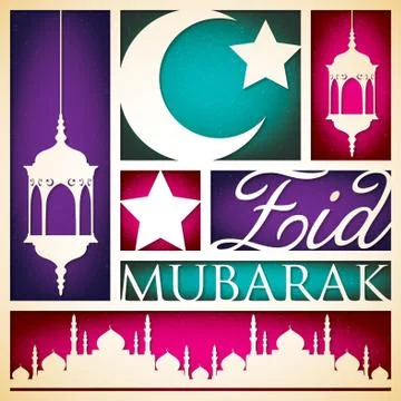 Paper cut out "Eid Mubarak" (Blessed Eid) card in vector format. Stock Illustration