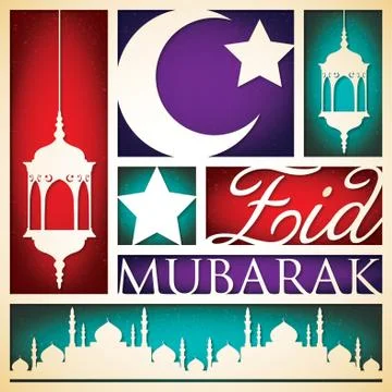 Paper cut out "Eid Mubarak" (Blessed Eid) card in vector format. Stock Illustration
