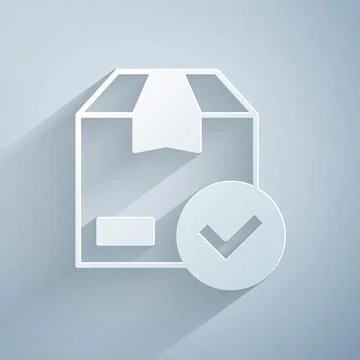 Paper cut Package box with check mark icon isolated on grey background. Parcel Stock Illustration
