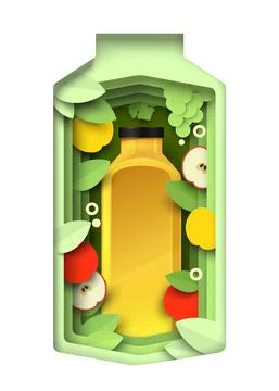 Paper cut packaging bottle with apples, grapes, realistic juice bottle, vector Illustrazione stock