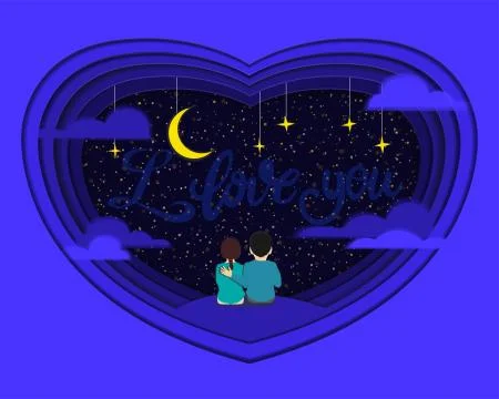 Paper cut. A pair of lovers sits on the grass and stares at the sky at the stars Ilustración de archivo