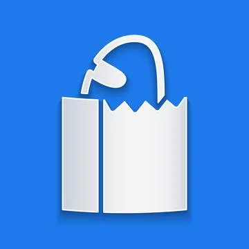 Paper cut Paper bag with bread loaf icon isolated on blue background. Paper art Illustrazione stock
