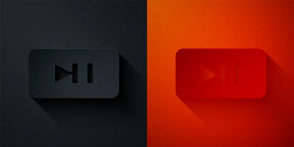 Paper cut Pause button icon isolated on black and red background. Paper art Stock Illustration