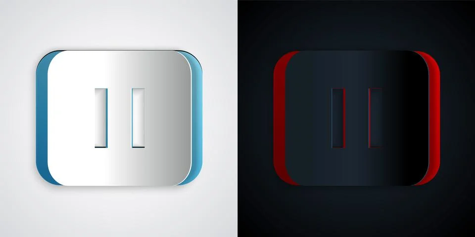 Paper cut Pause button icon isolated on grey and black background. Paper art 스톡 일러스트