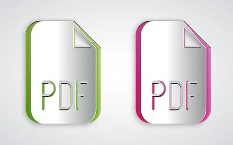 Paper cut PDF file document. Download pdf button icon isolated on grey Stock Illustration
