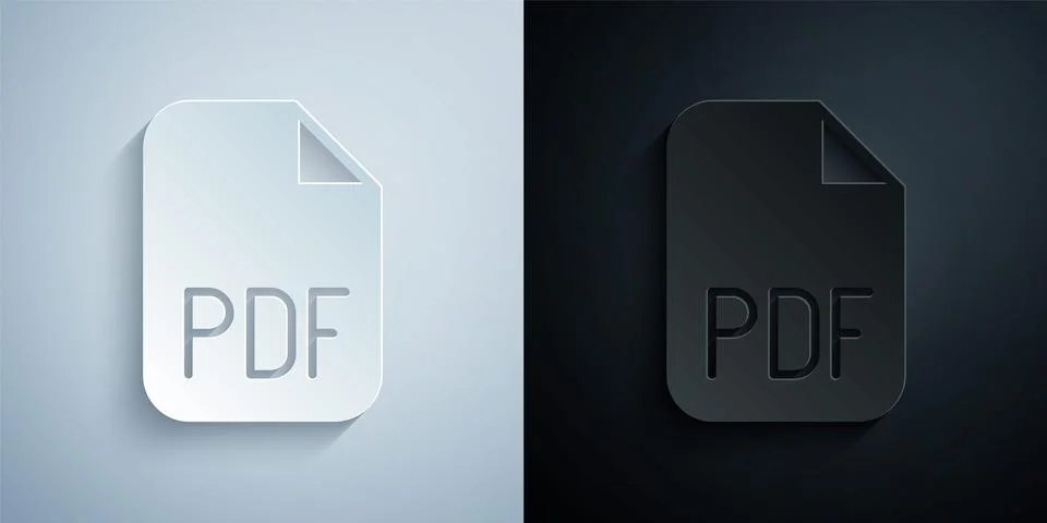 Paper cut PDF file document. Download pdf button icon isolated on grey and bl Illustrazione stock