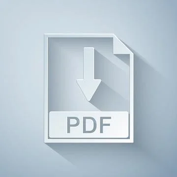 Paper cut PDF file document icon isolated on grey background. Download PDF Stock Illustration