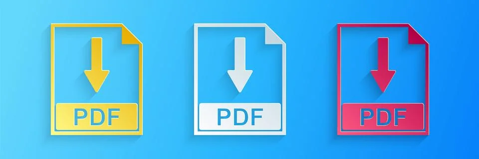 Paper cut PDF file document icon isolated on blue background. Download PDF Stock Illustration
