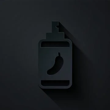 Paper cut Pepper spray icon isolated on black background. OC gas. Capsicum se Stock Illustration