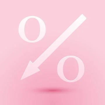Paper cut Percent down arrow icon isolated on pink background. Decreasing Stock Illustration