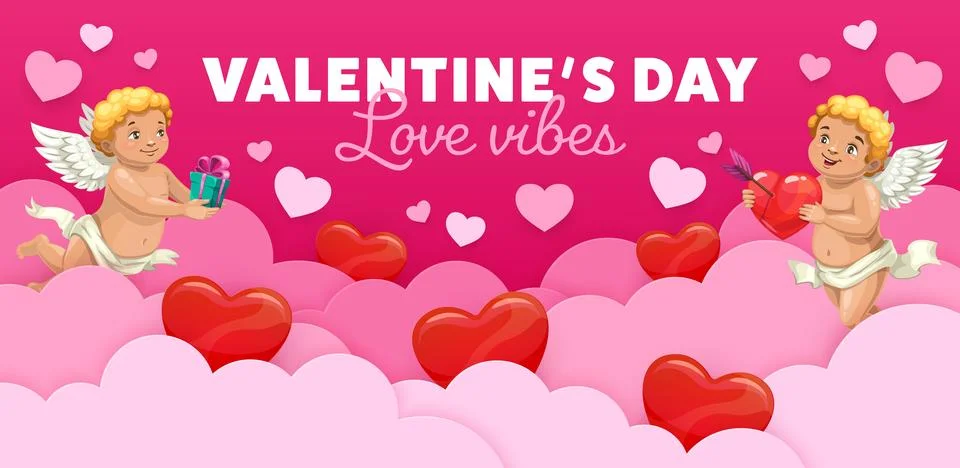 Paper cut pink sky clouds and Valentine day cupids Stock Illustration