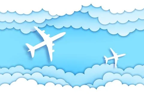 Paper cut planes in sky clouds, top view banner Stock Illustration