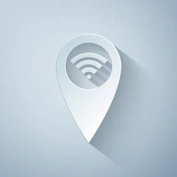 Paper cut Pointer map with wifi internet signal connection icon isolated on grey Illustrazione stock