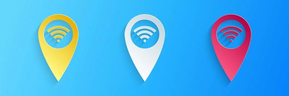 Paper cut Pointer map with wifi internet signal connection icon isolated on blue Illustrazione stock