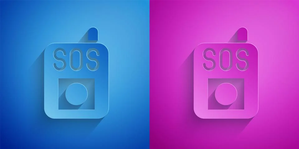 Paper cut Press the SOS button icon isolated on blue and purple background. P Stock Illustration