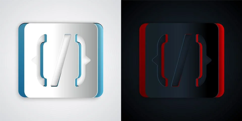 Paper cut Programming language syntax icon isolated on grey and black background Stock Illustration