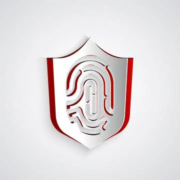 Paper cut Protection shield encoded fingerprint icon isolated on grey background Illustration