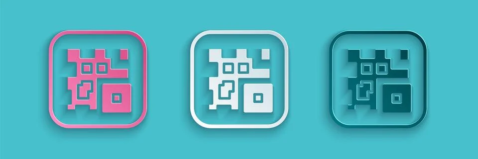 Paper cut QR code sample for smartphone scanning icon isolated on blue Stock Illustration