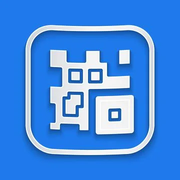 Paper cut QR code sample for smartphone scanning icon isolated on blue Stock Illustration