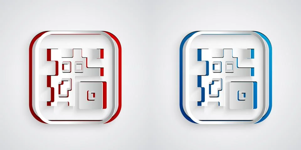 Paper cut QR code sample for smartphone scanning icon isolated on grey backgr Stock-Illustration