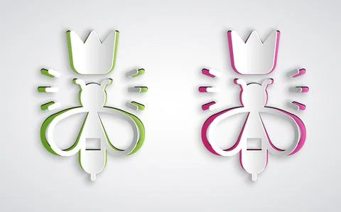 Paper cut Queen bee icon isolated on grey background. Sweet natural food. Hon 스톡 일러스트
