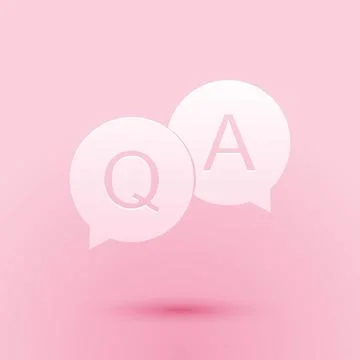 Paper cut Question and Answer mark in speech bubble icon isolated on pink Stock Illustration