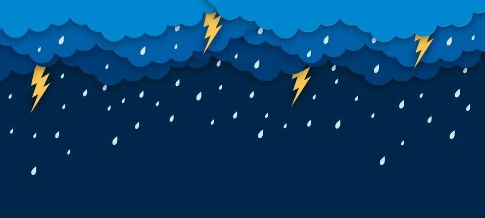 Paper cut rain clouds with lightnings and drops Stock Illustration