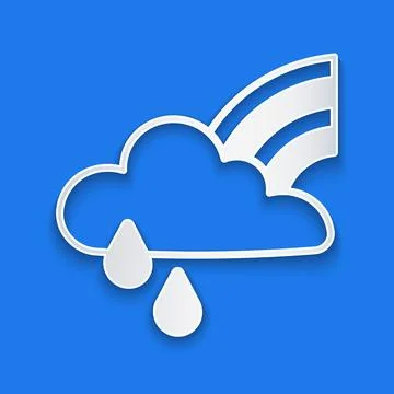 Paper cut Rainbow with cloud and rain icon isolated on blue background. Paper Stock Illustration