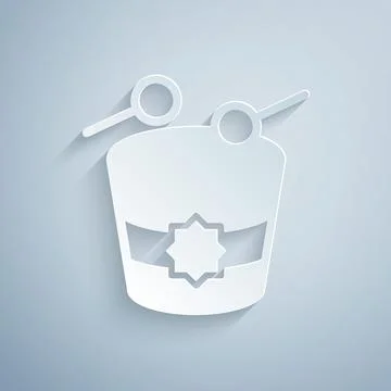 Paper cut Ramadan drum icon isolated on grey background. Paper art style. Vector Stock Illustration
