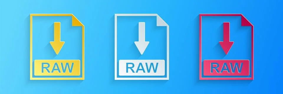 Paper cut RAW file document icon. Download RAW button icon isolated on blue Illustrazione stock