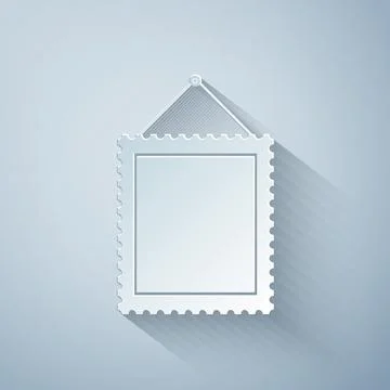 Paper cut Rectangular picture frame hanging on the wall icon isolated on grey Stock Illustration