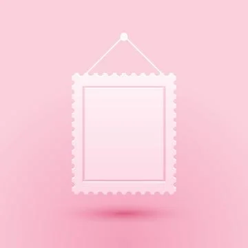 Paper cut Rectangular picture frame hanging on the wall icon isolated on pink Stock Illustration