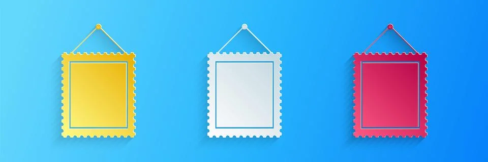 Paper cut Rectangular picture frame hanging on the wall icon isolated on blue Stock Illustration