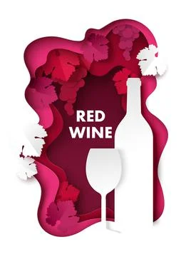 Paper cut red wine splash with grapes, bottle and wine glass silhouettes, vector Illustrazione stock