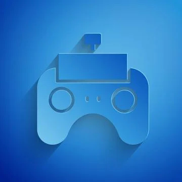 Paper cut Remote control icon isolated on blue background. Paper art style Stock Illustration
