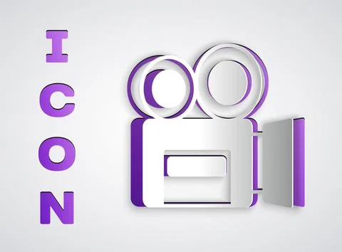 Paper cut Retro cinema camera icon isolated on grey background. Video camer.. Stock Illustration